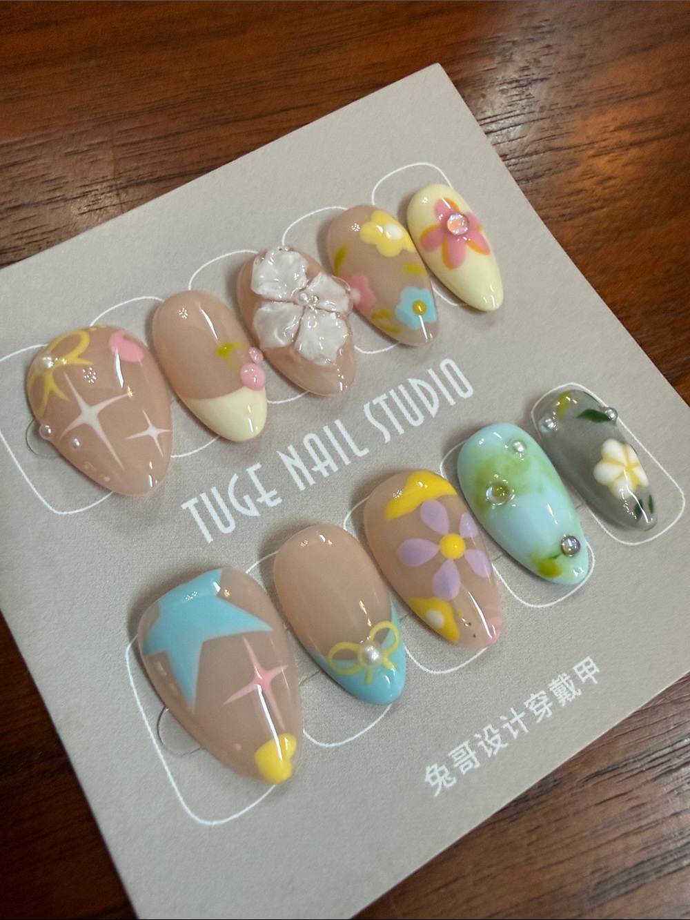 3D Handmade Floral Press-On Nails - Pastel Mix stars bows
